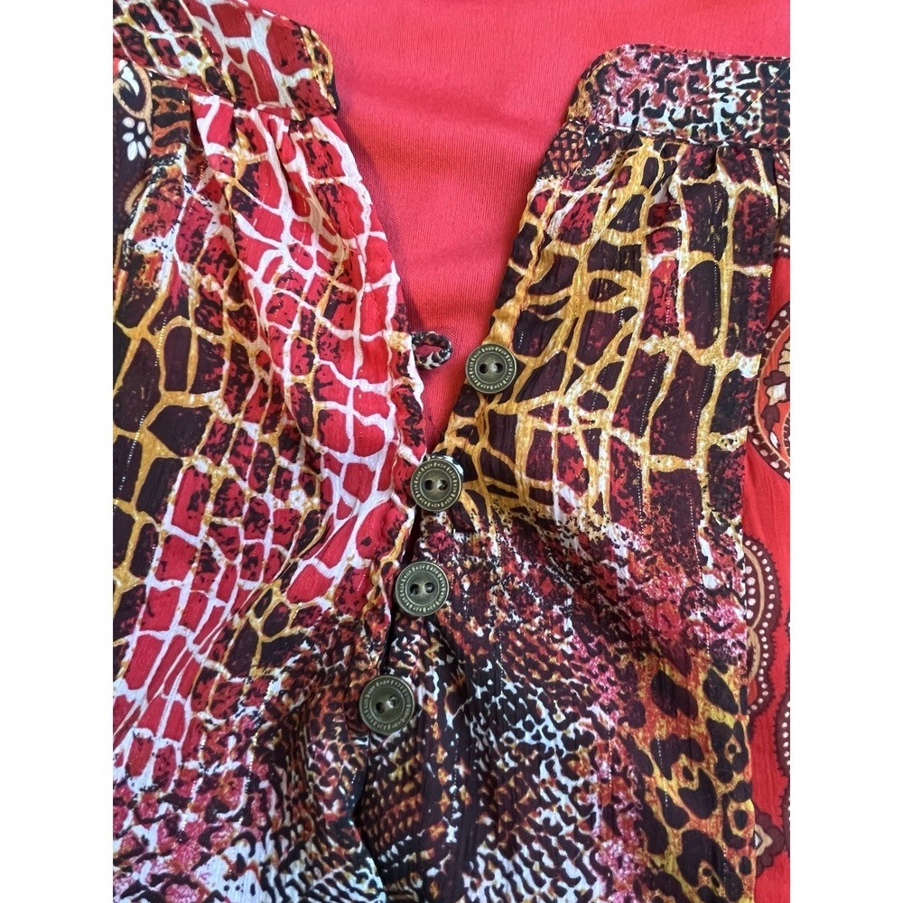 FIG & FLOWER Sz 2X Top Sheer Boho Red Paisley Snakeskin Print Peasant Blouse Tie - Picture 7 of 9